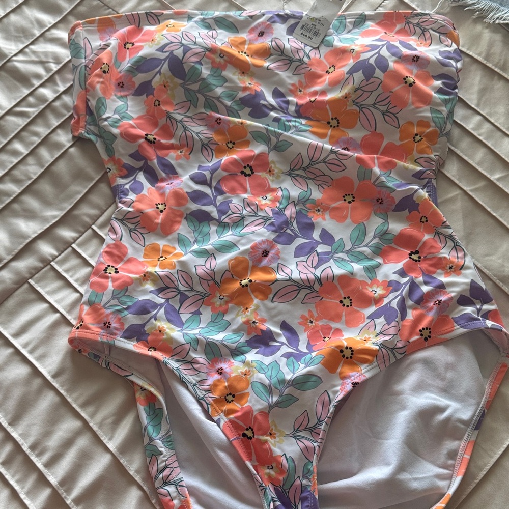 Floral Strapless One-Piece Swimsuit - Coral, Lavender & Mint